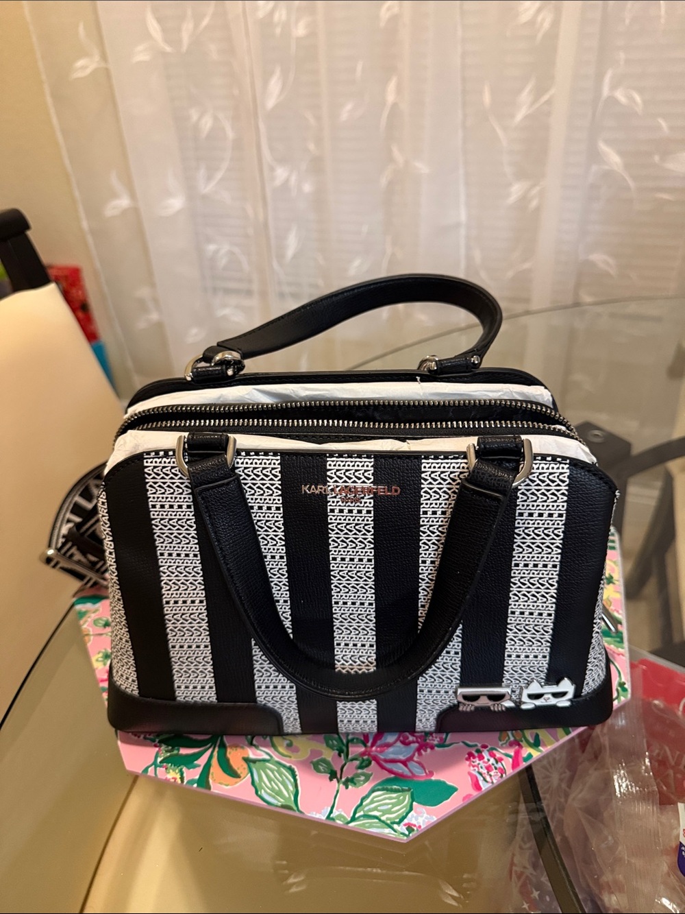 Karl Lagerfeld Black and White Vertical Stripe Satchel